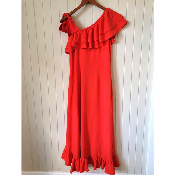 GANNI Clark Rare Ruffle Crepe Maxi Dress in Big Apple Red - Picture 4 of 12